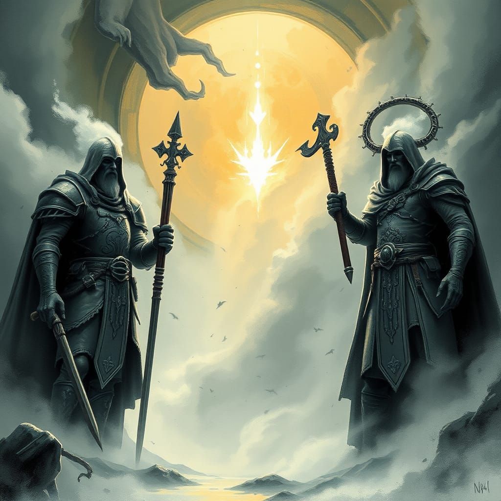 Celtic Gods of War and Prophecy in Ethereal Mist