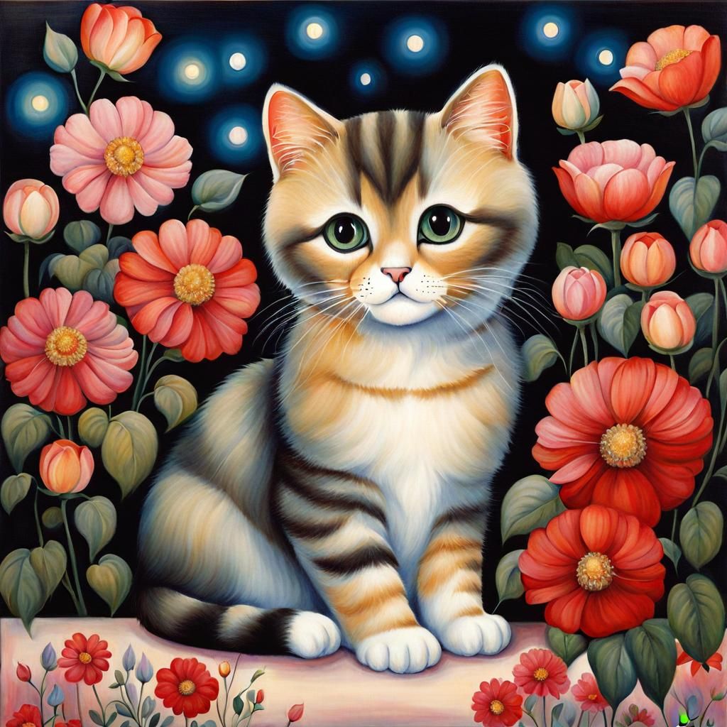 Big-Eyed Cat Surrounded by Flowers in Keane Style