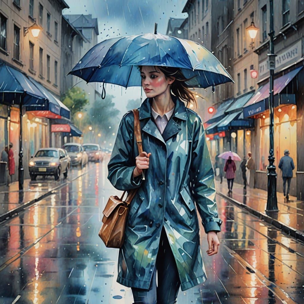 Whimsical Woman Walking Home in the Rain