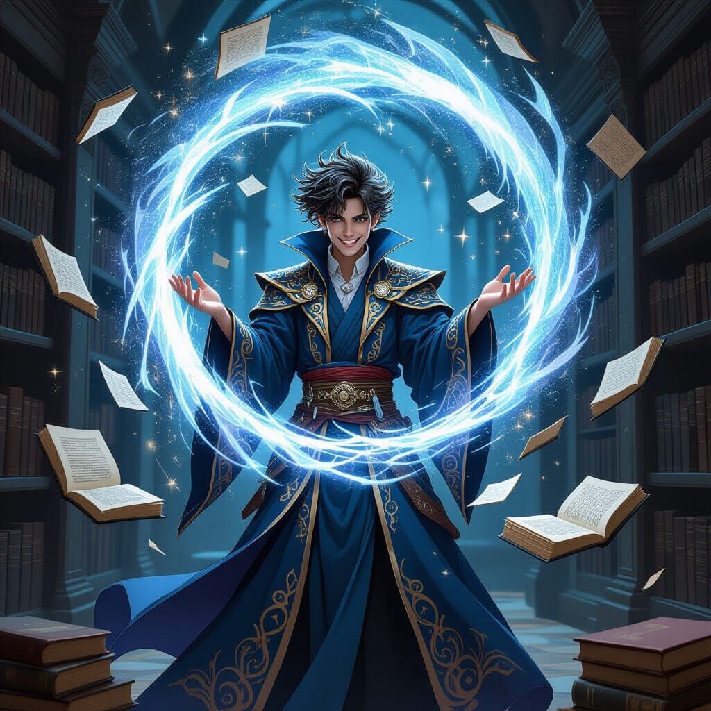 Wizard Conjuring Stardust Vortex in Ancient Library