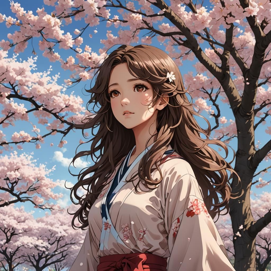 Anime Woman in Cherry Blossom Garden