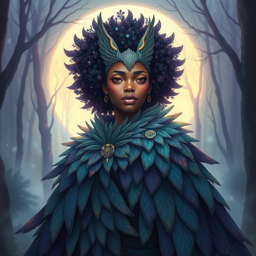 Afrofuturist Bird Woman in Moonlit Forest