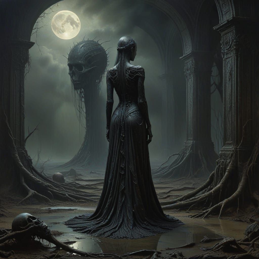 Surreal, Moonlit Siren in Dark, Desolate Landscape