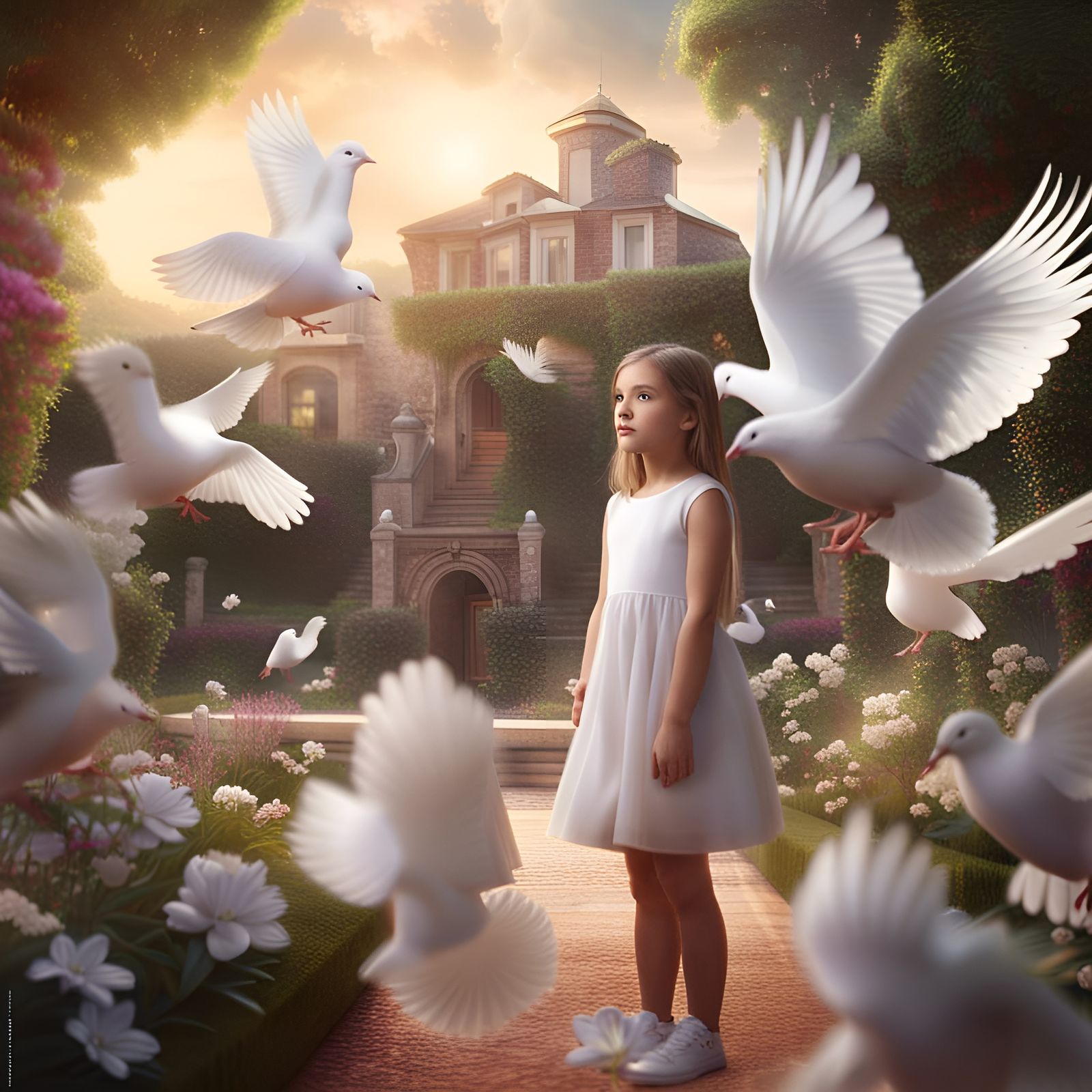 Girl in Garden Watching Doves, Digital Painting