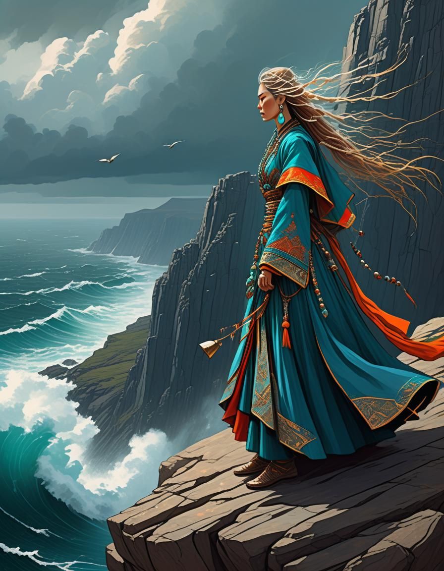 Wind Priestess Summons Gale on Rocky Cliff