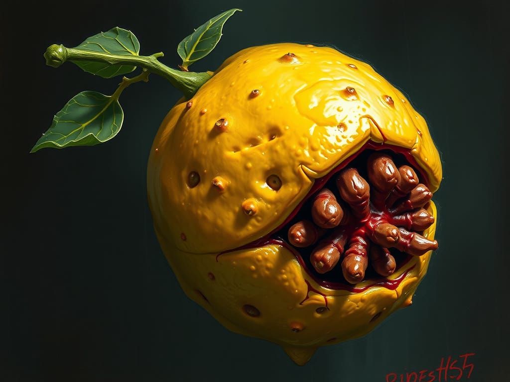 Twisted, Pulsing Lemon in Dark, Ominous Landscape