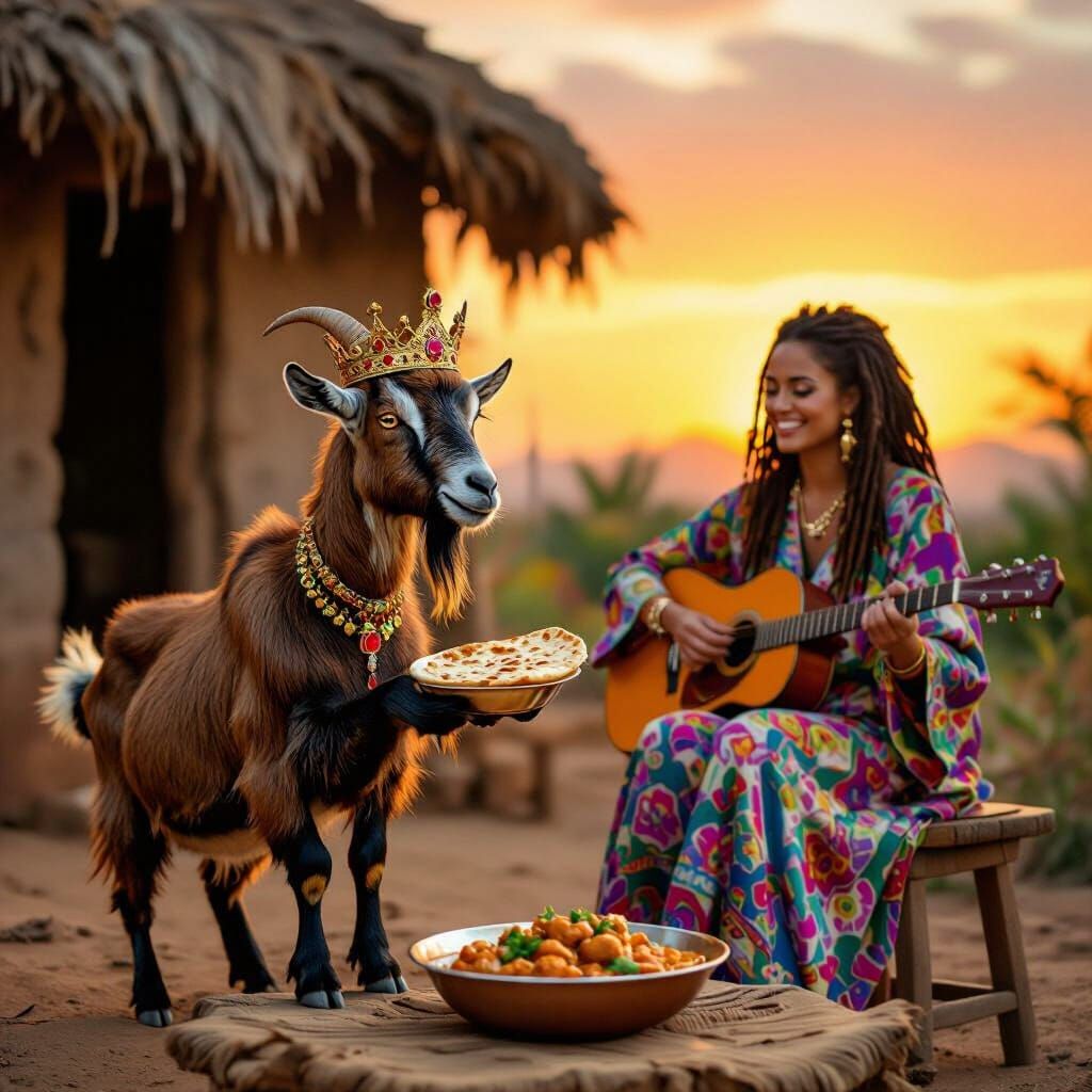 Goat Eats Curry Chicken Under Sunset