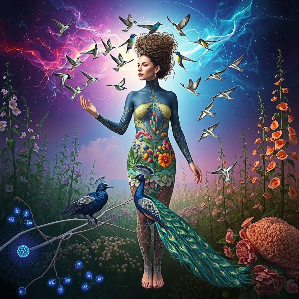 Ethereal Woman Transforms into Iridescent Birds in Cosmic Ga...