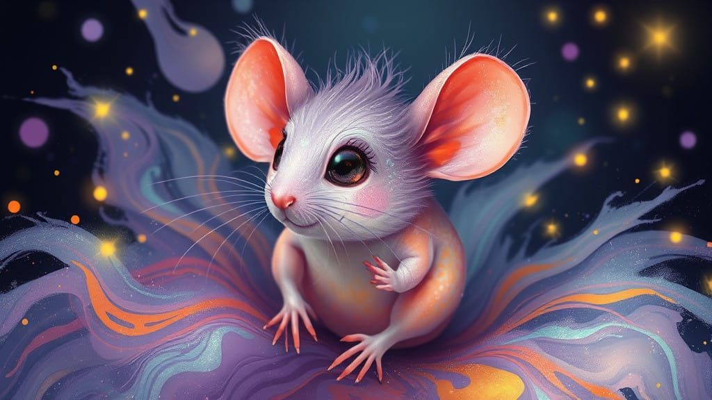 Whimsical Murex Mouse Emerges from Vibrant, Swirling Paint i...