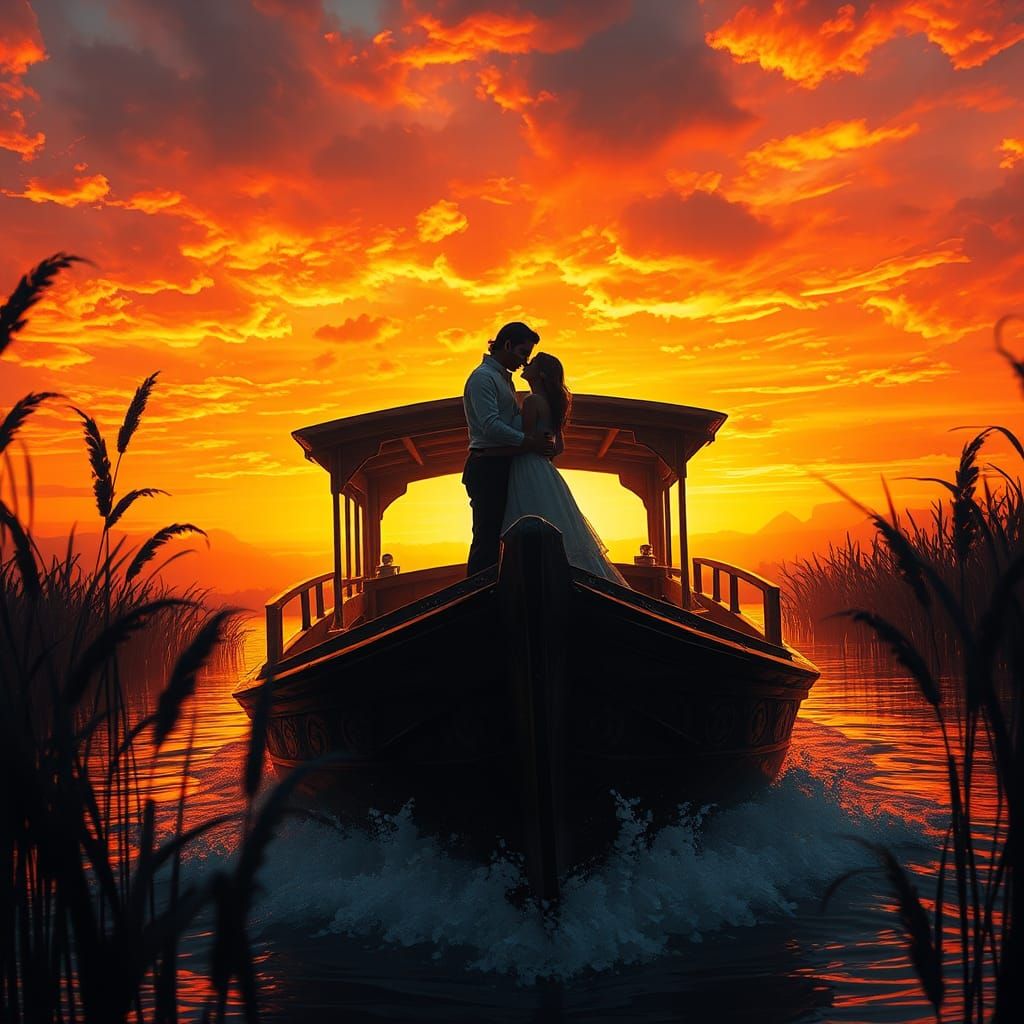 Romantic Riverboat Sunset in Digital Painting Style
