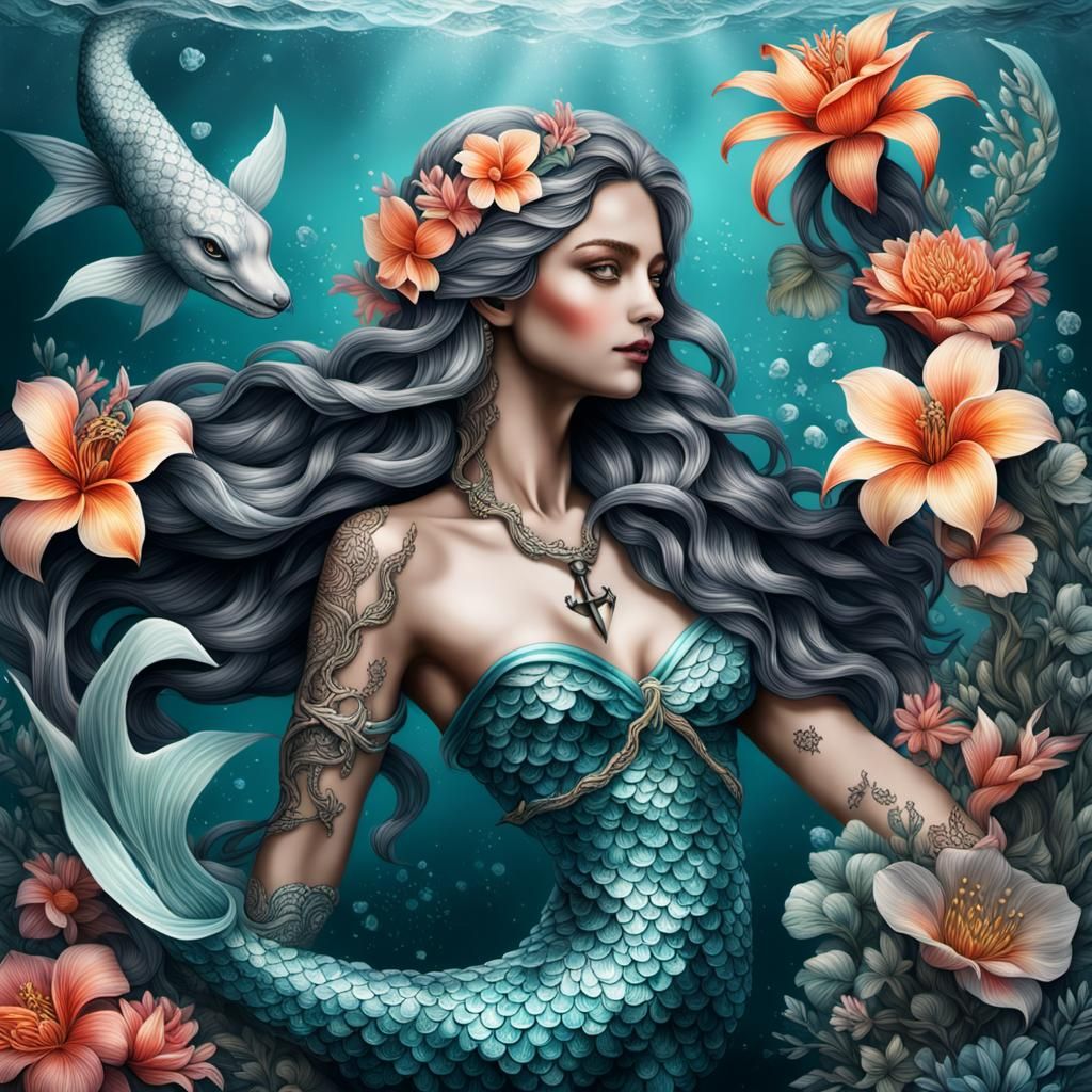 Mermaid wrapped around an anchor with waves & tropical flowe...