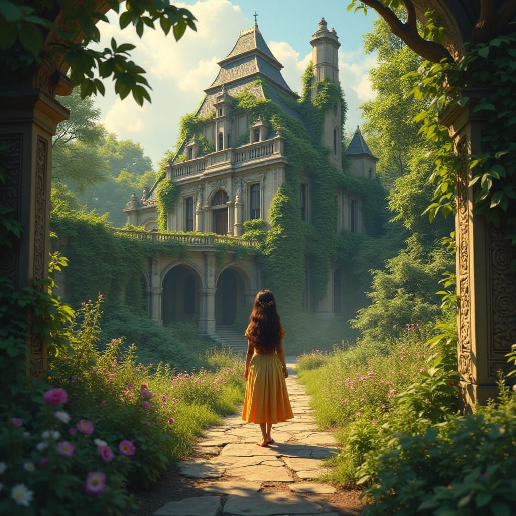 Lush Garden Oasis with Ancient Wonder