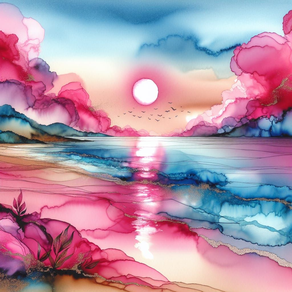Vibrant Alcohol Ink Beach Sunset Storybook Illustration