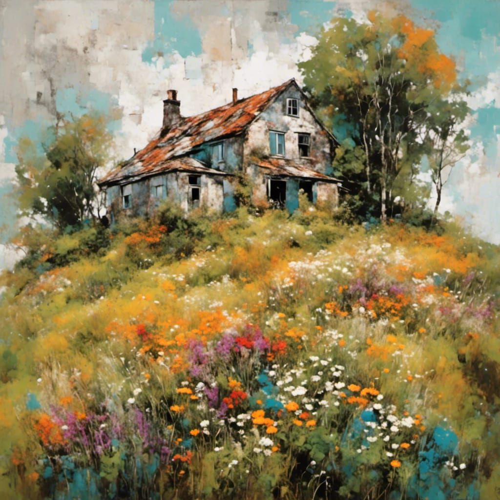 Farmhouse on Hill with Colorful Flowers