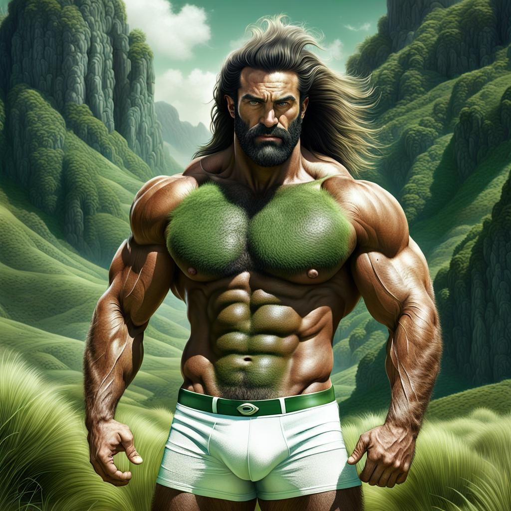 Muscular Sicilian Bodybuilder in a Green Landscape
