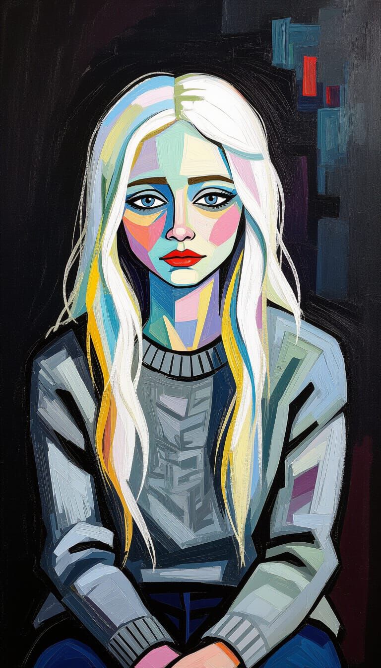 Sad Albino Girl Portrait in Textured Impasto Style