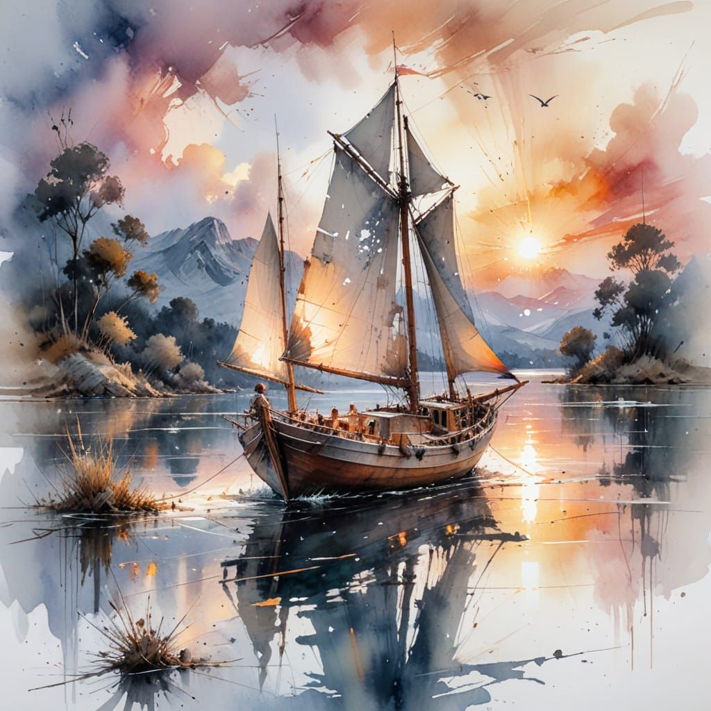 Old Sailing Boat on Lake at Sunset