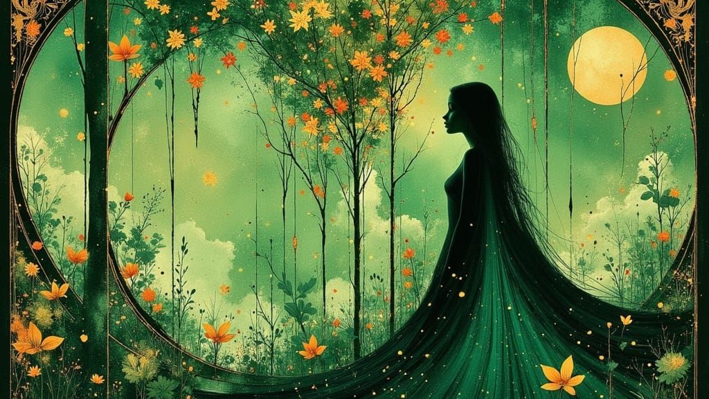 Art Nouveau Woman with Verdant Botanical Motifs