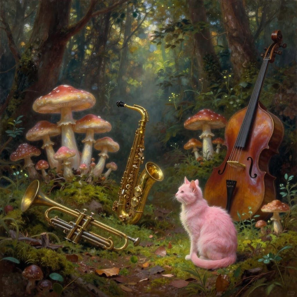 Enchanted Forest Clearing with Ethereal Mushroom Instruments