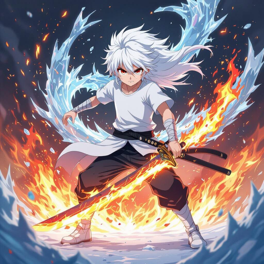 Anime God of Ice and Fire with Fiery Sword