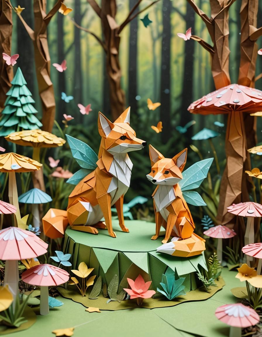 Origami Fairy and Fox in Forest Scene