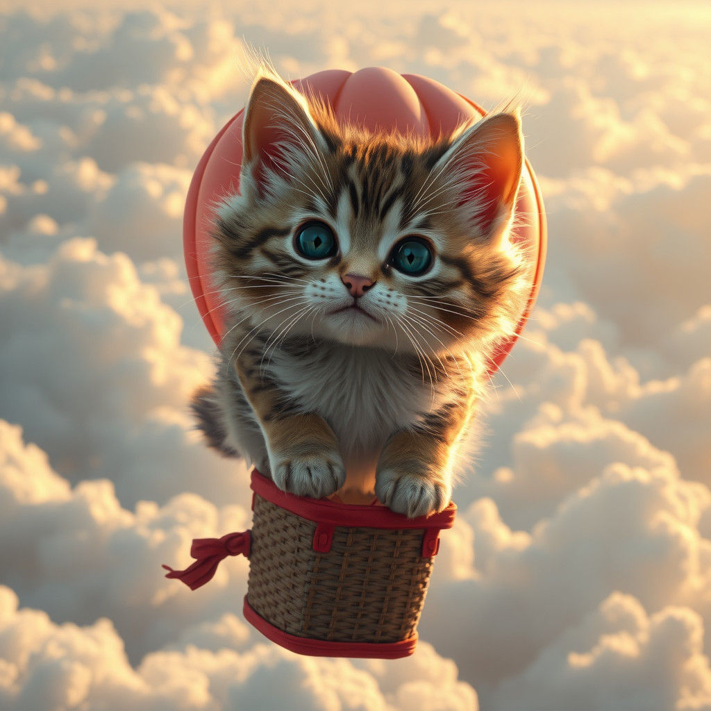 Kitten's Whimsical Flight in Hot Air Balloon