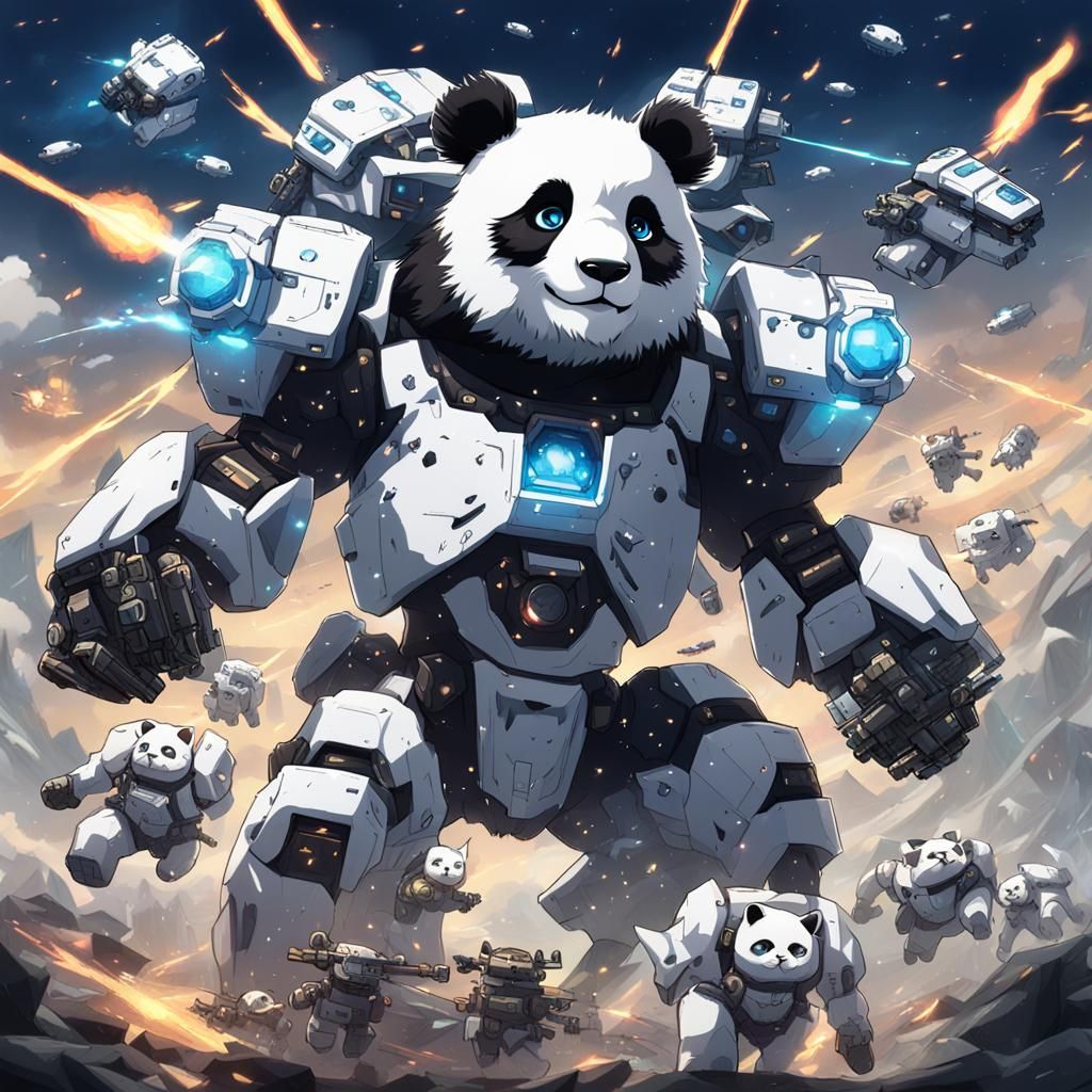 Panda Mech Leading White Robocats in Anime Style