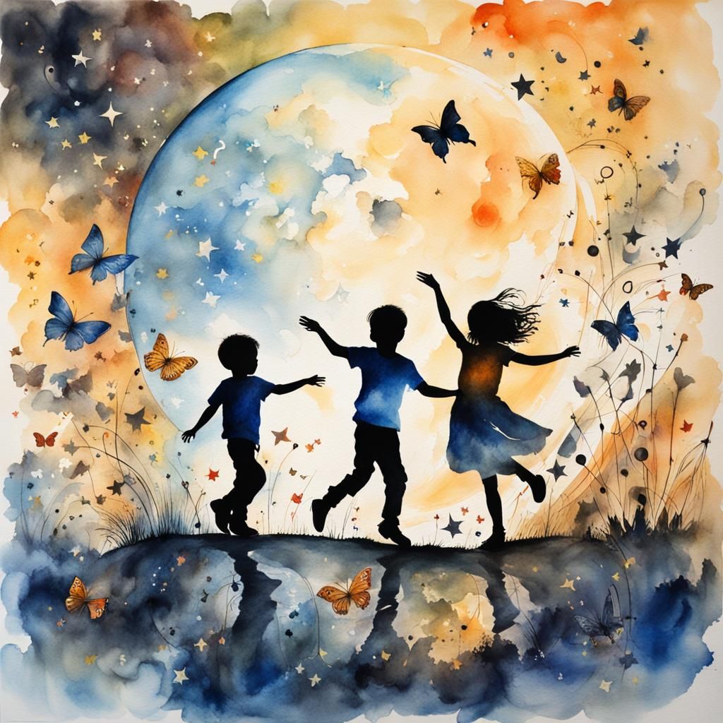 Watercolor Painting of Dancing Children Under Moon