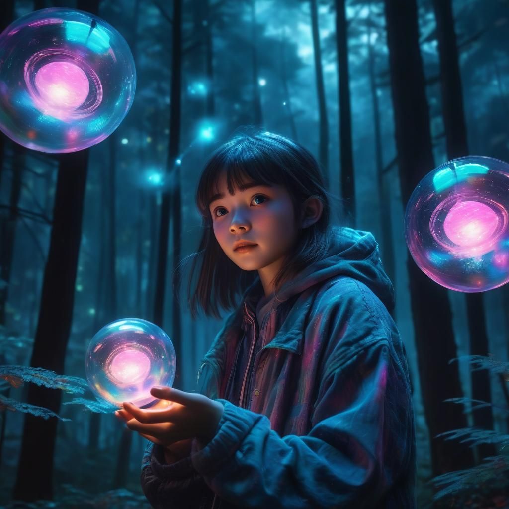 Ethereal Anime Girl with Glowing Top in Neon Forest