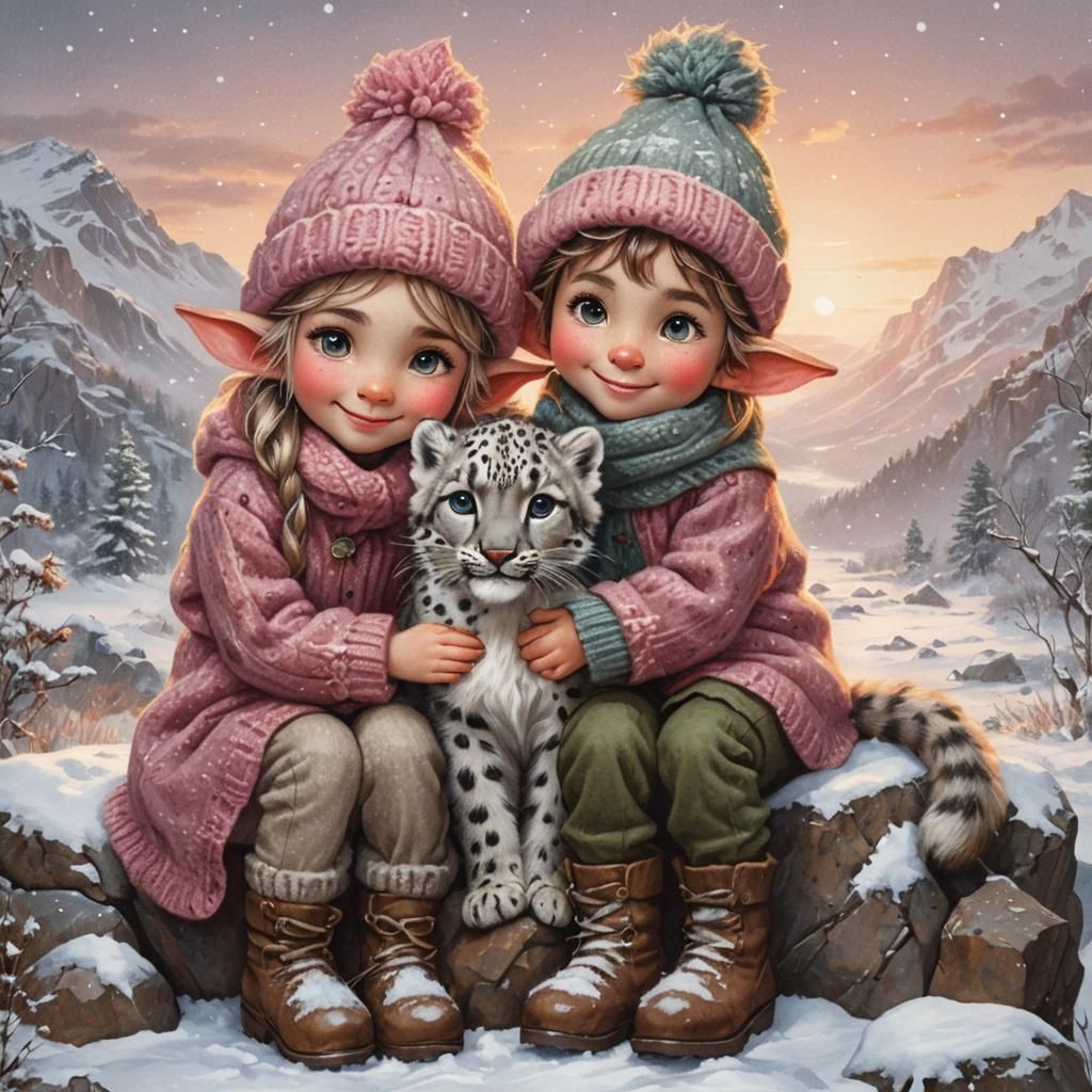 Elf Children and Snow Leopard in Pastel Sunset