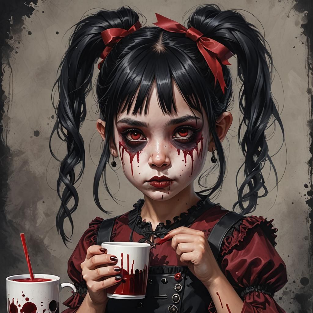 Cheeky Goth Girl with Skull Mug: Digital Art