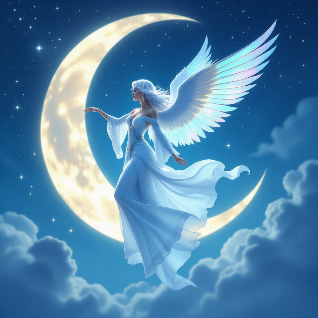 Celestial Woman Soars Through Luminous Moonscape