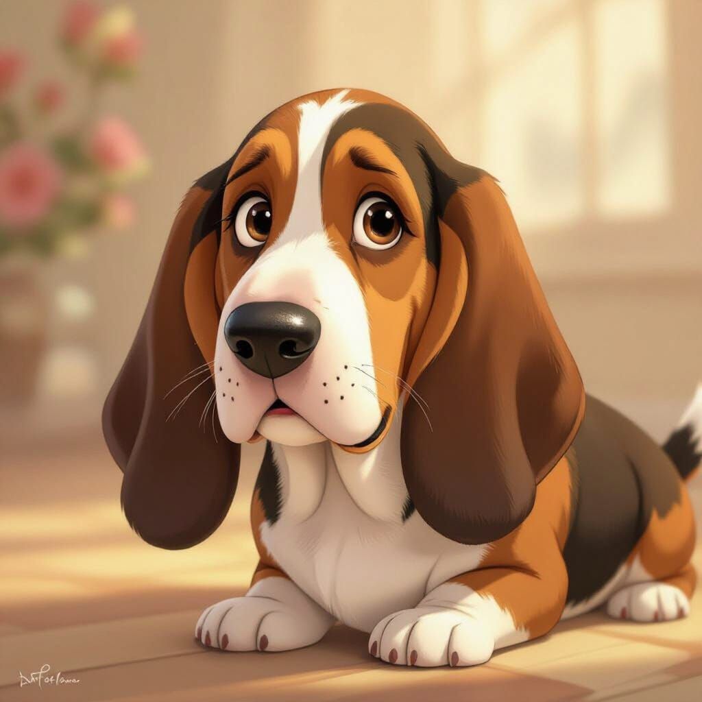 Smiling Chrome Basset Hound in Whimsical Cartoon Style