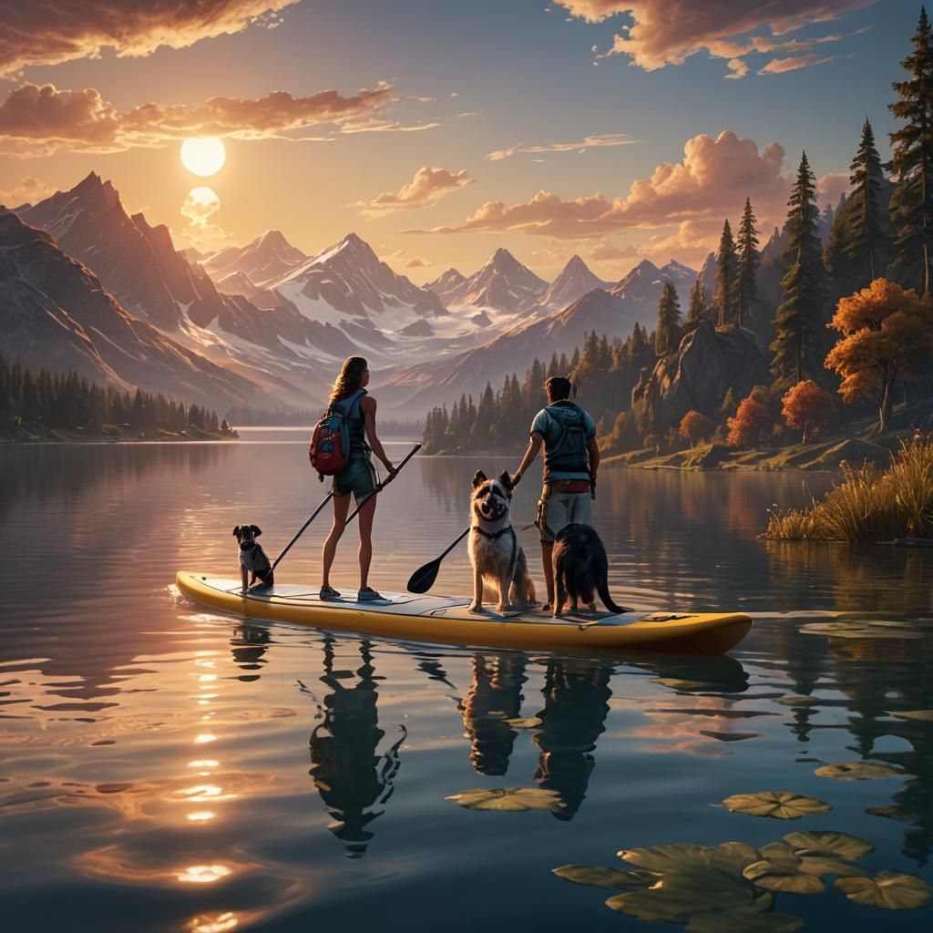 Woman Paddleboarding with Dog at Sunset: Fantasy Art
