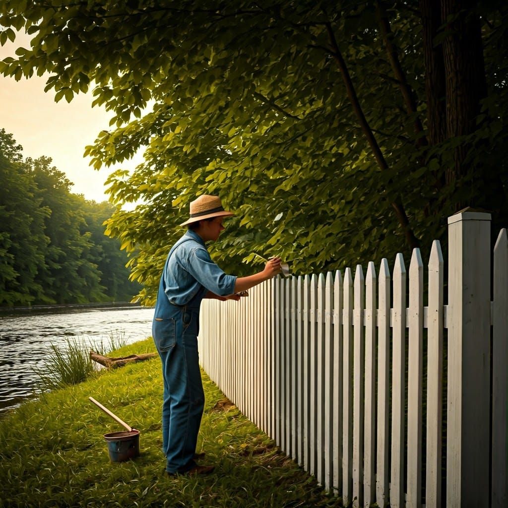 Hyperrealistic Huck Finn Paints a Rural Riverbank Scene