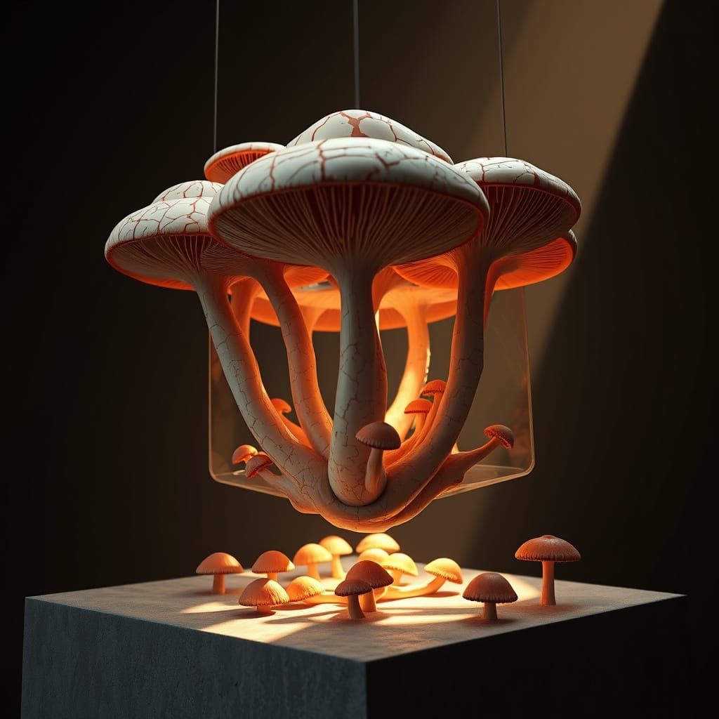 Grotesque Mushrooms Erupting from Concrete Cube: 3D Render