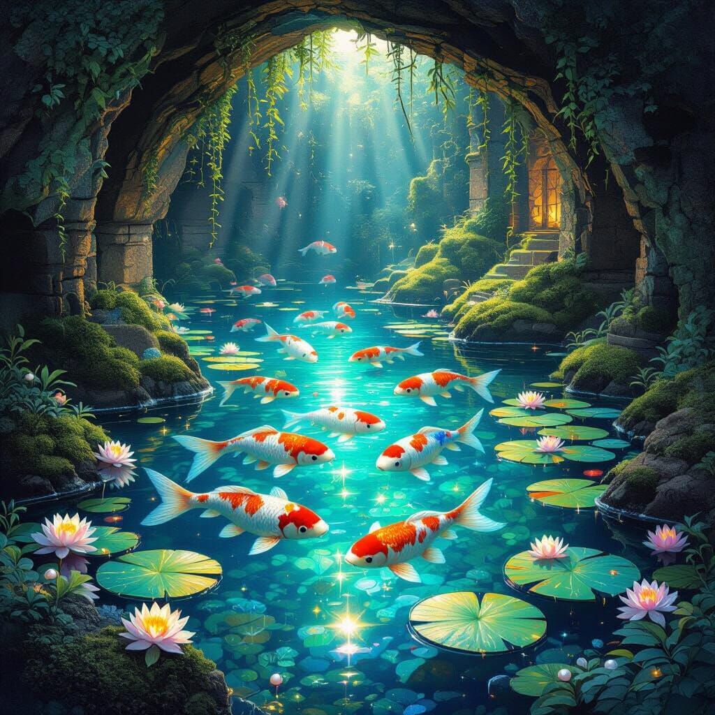 Bioluminescent Grotto with Koi Fish in Dreamlike Style