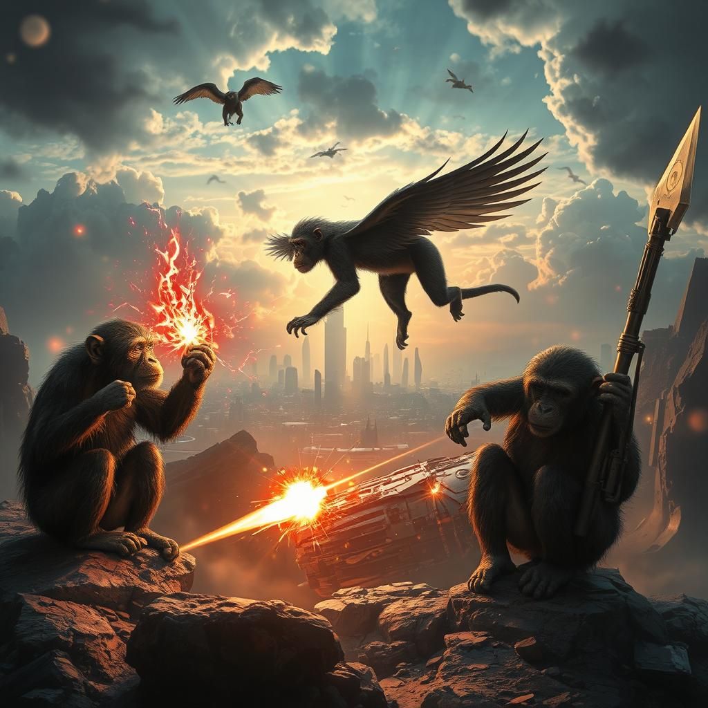 Chimpanzees in Sci-Fi Battle, Hyperrealistic Style