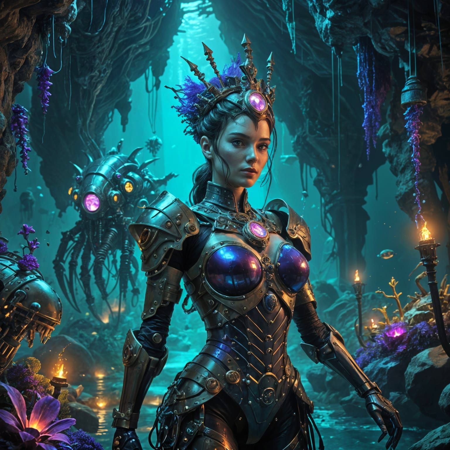 Steampunk Queen Commands Robot Army in Underwater Cave