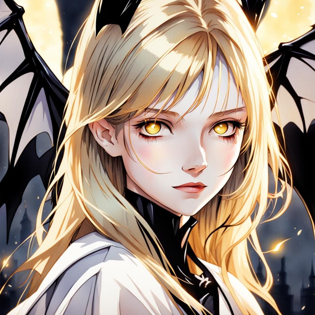 Anime Girl with Bat Wings in Watercolor Style