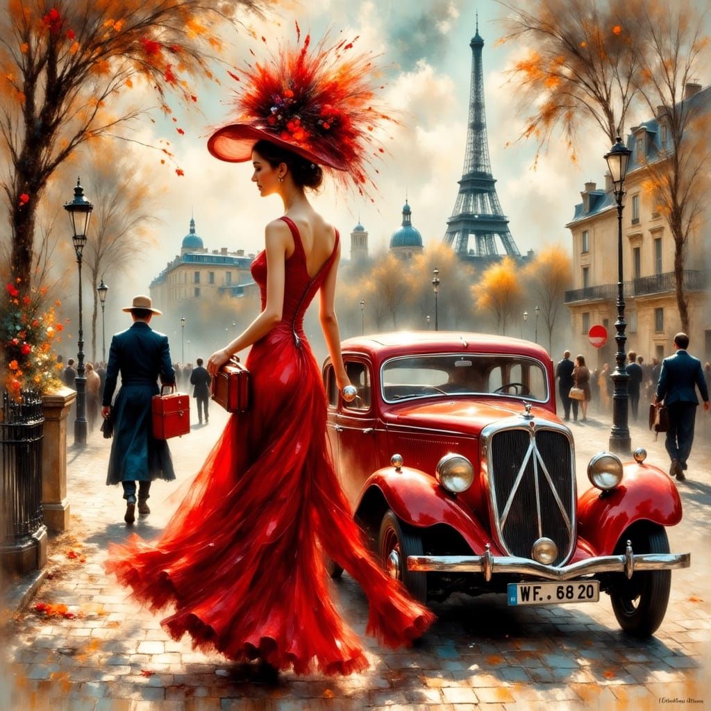 Woman in Red Dress in Impressionist Style