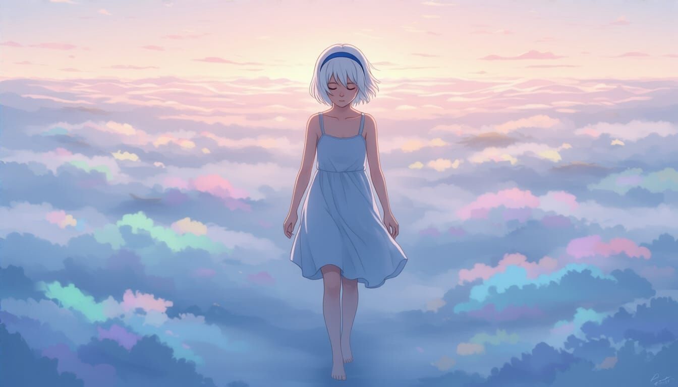 Girl Walking in Dream Fog, Anime Style