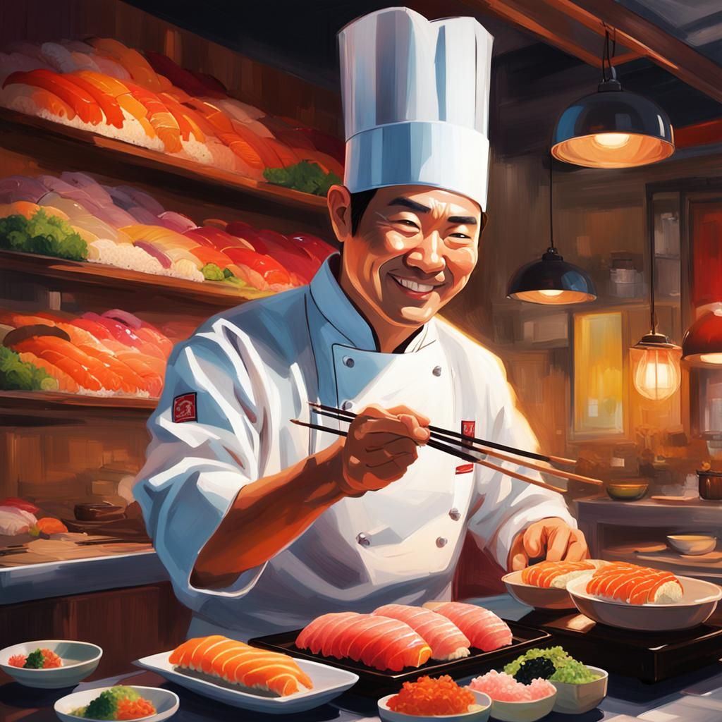 Smiling Sushi Chef Portrait in Vibrant Oil Paint Style