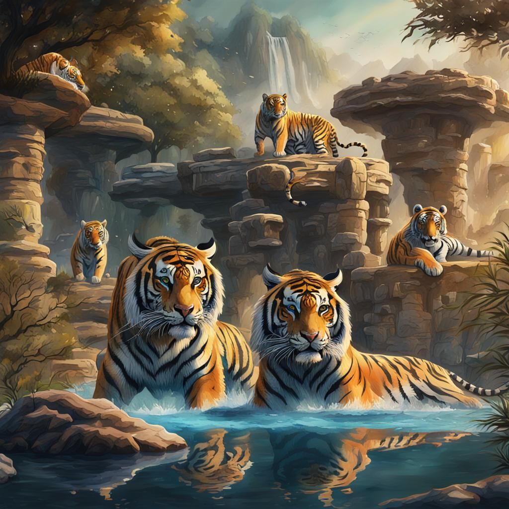 Watercolor Tigers at Watering Hole: Fantasy Art