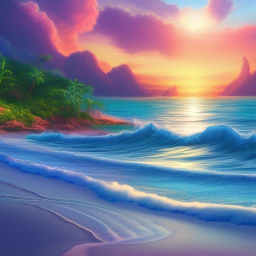 Lush Tropical Beach at Sunset in Detailed Painting