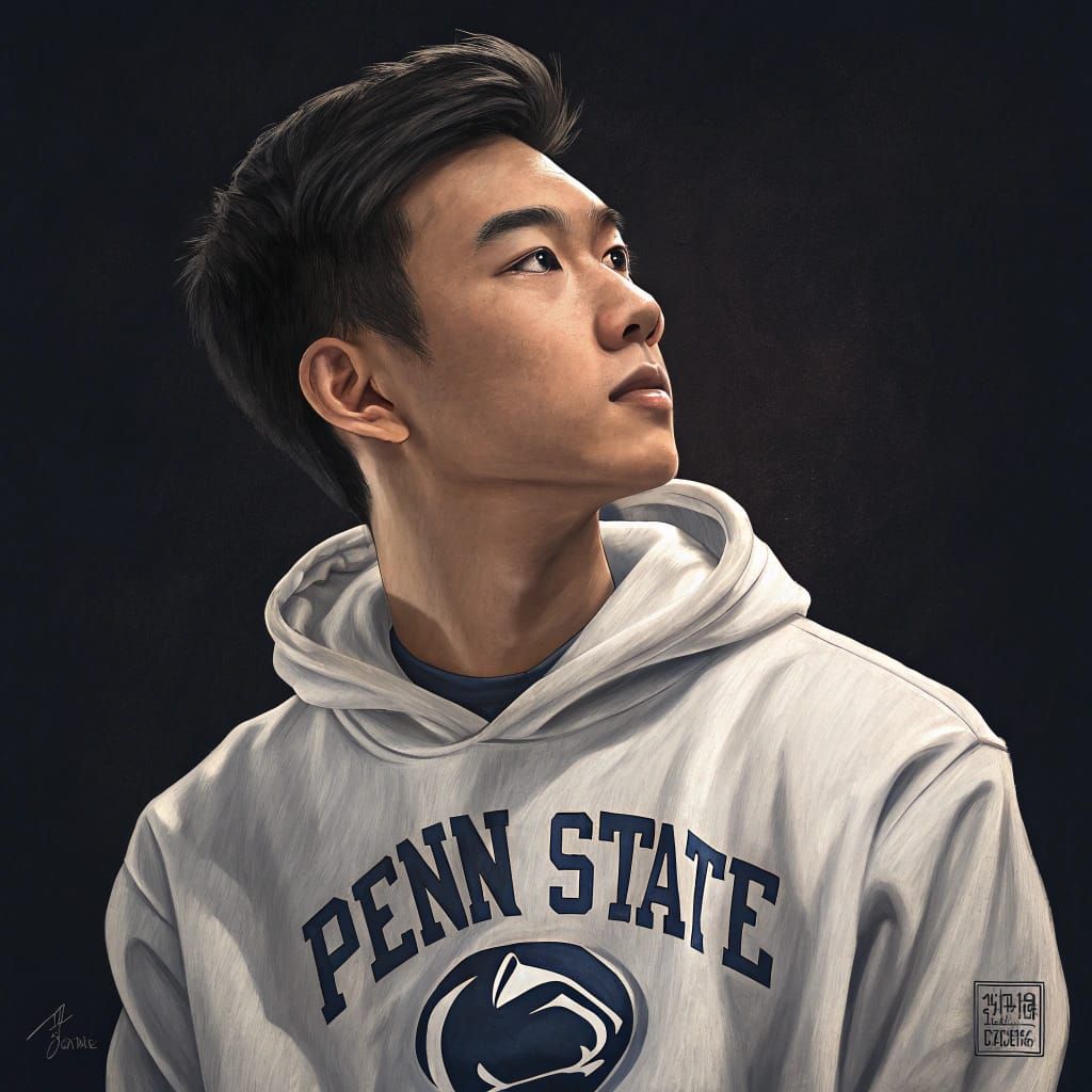 Realistic Portrait of Young Asian Man in Penn State Sweatshi...