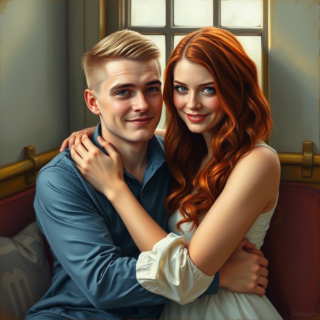 Couple in Intimate Moment, Vintage Home Setting, Oil-Painted...