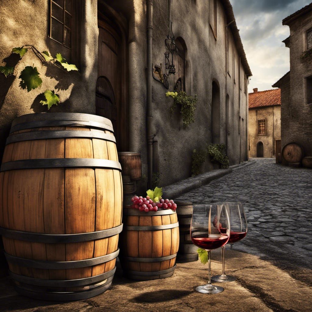 Hyperrealistic Wine Still Life with Barrels and Glass