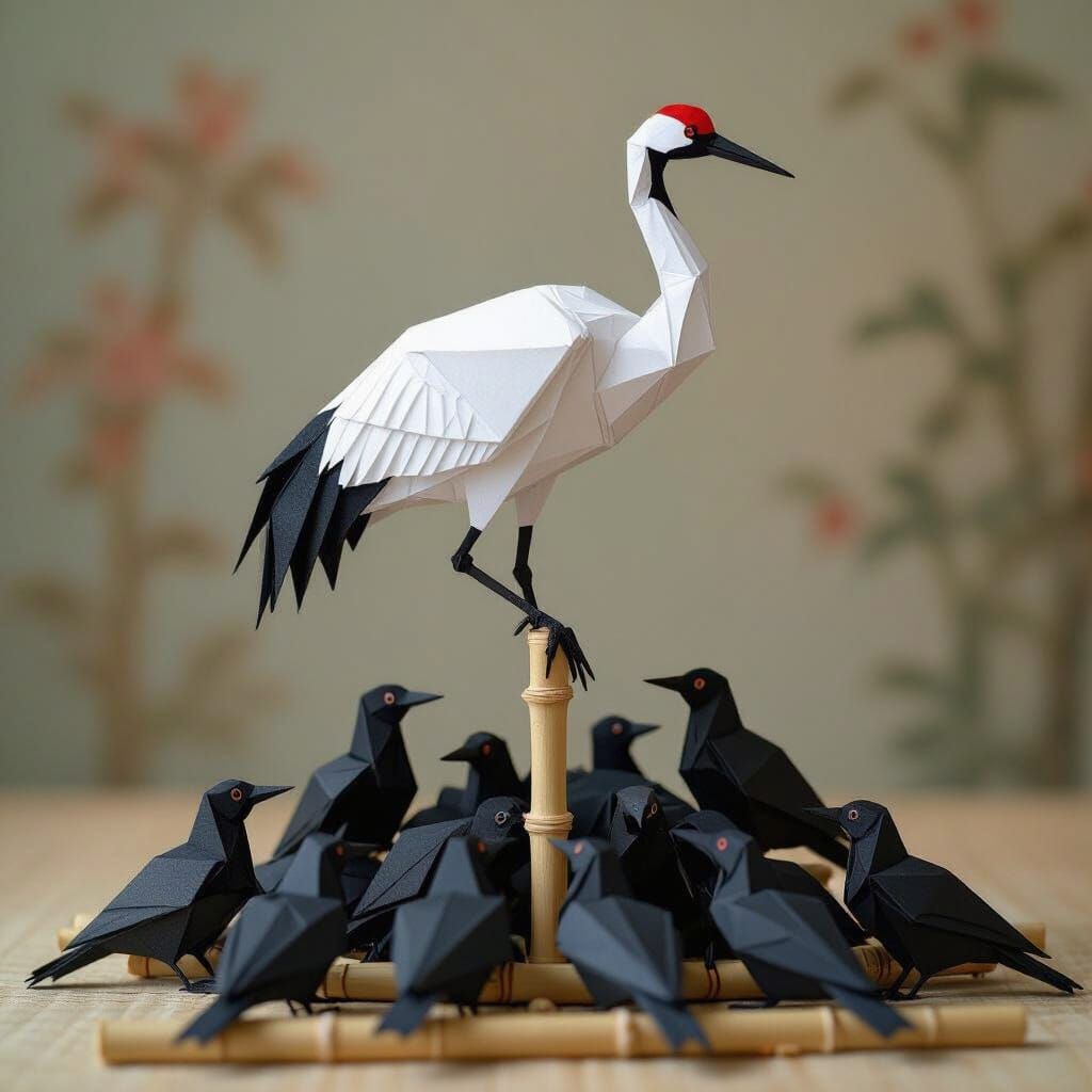 Origami Crane on Bamboo Among Dead Crows