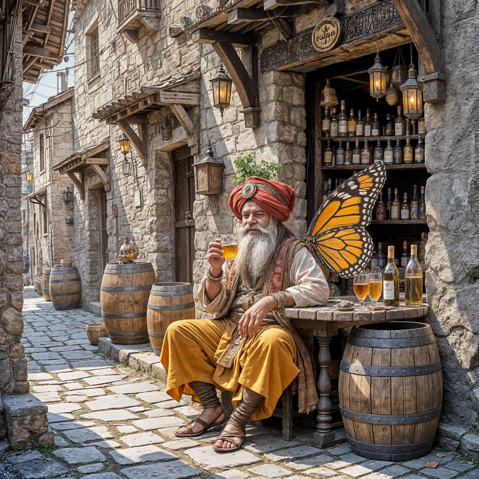 Dwarf in Indian Attire Drinks at Old Tavern